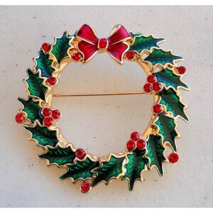Vintage Gold-Tone Christmas Wreath Brooch ts